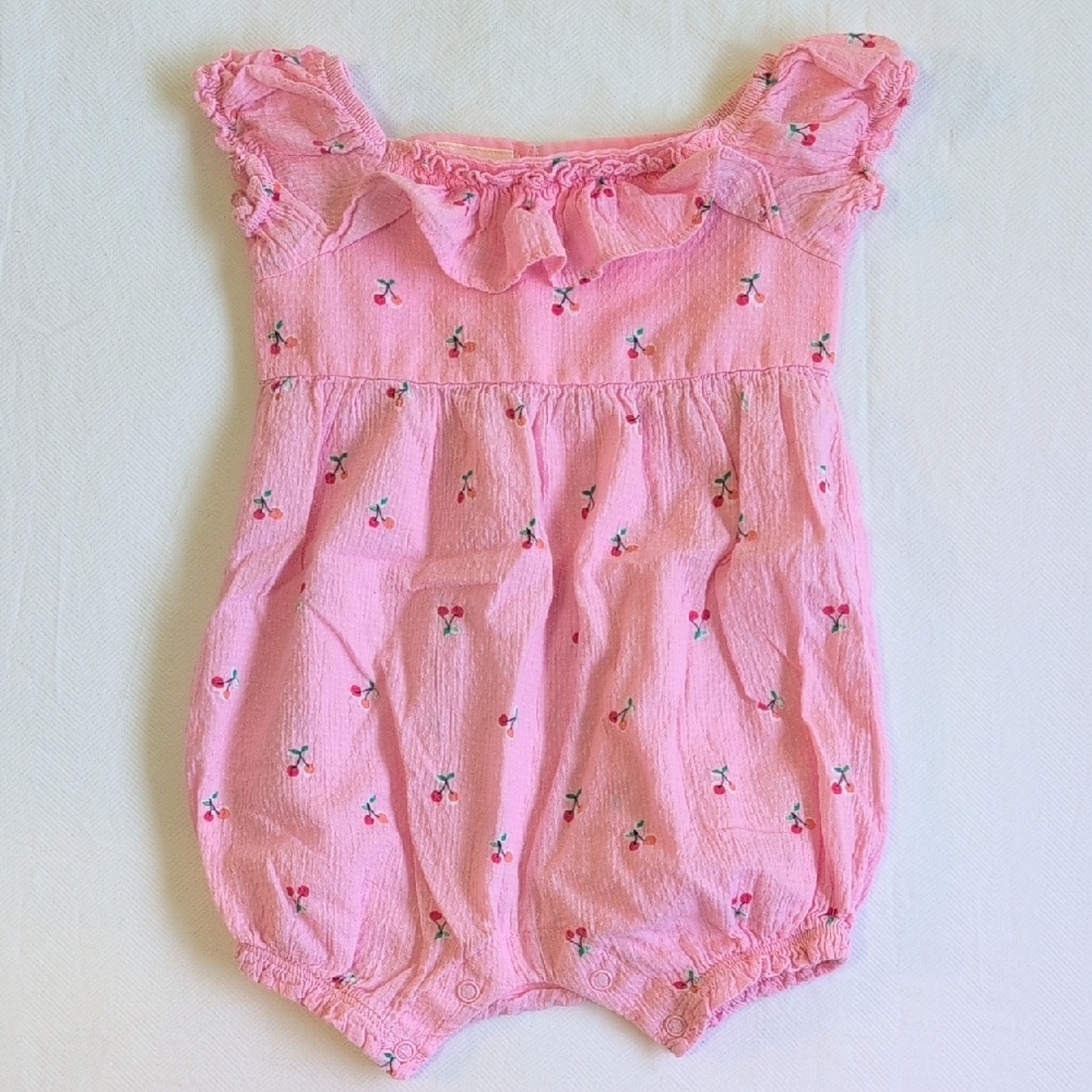 first impressions cherry textured cotton ruffle bubble romper 6-9 months baby